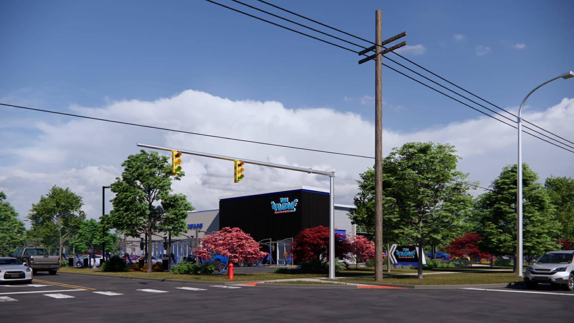 The front of The Flow Express Car Wash in Naperville, Illinois