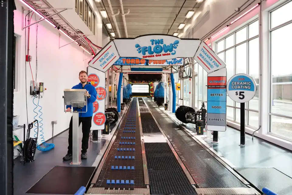 The Flow Express Car Wash entrance in Naperville